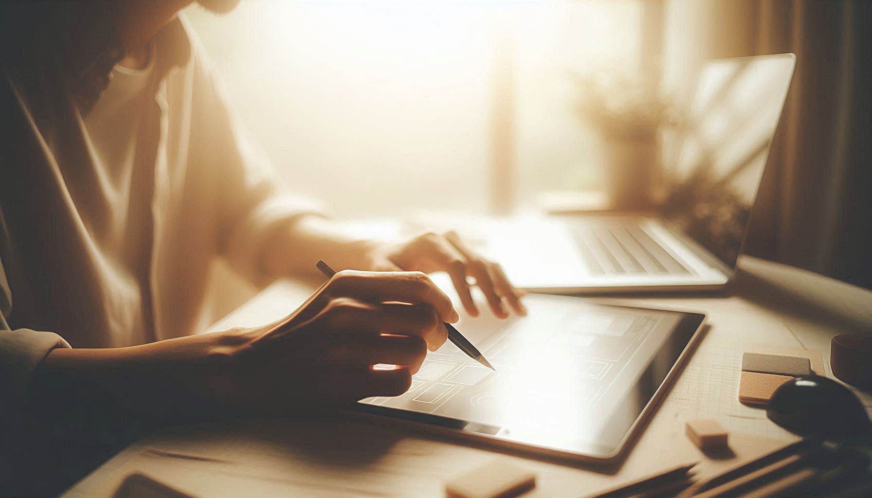 Création web harmonisée en cours, interface digitale dessinée dans une ambiance douce et minimaliste.