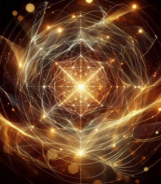 Illustration représentant l’harmonisation digitale, avec lumière dorée, géométrie sacrée et flux énergétiques symbolisant la création de sites web alignés.