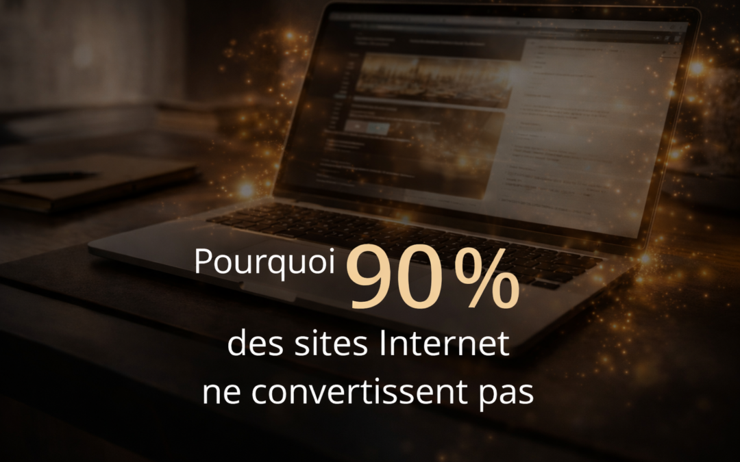 Ordinateur portable sur bureau sombre avec particules lumineuses dorées illustrant l’énergie et l’harmonisation d’un site Internet qui convertit.