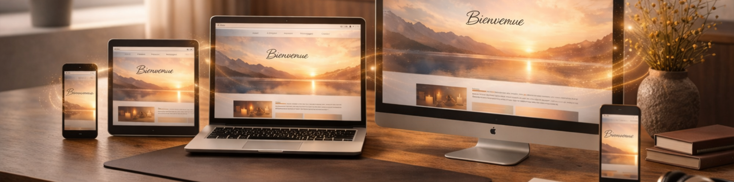 Cinq écrans numériques alignés affichant un site web cohérent sur smartphone, tablette, ordinateur portable et écran de bureau, reliés par une lumière chaleureuse.
