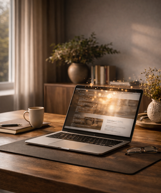Espace de travail haut de gamme avec ordinateur portable diffusant une lumière subtile et éthérée, symbole d’un site internet clair, fluide et structuré.