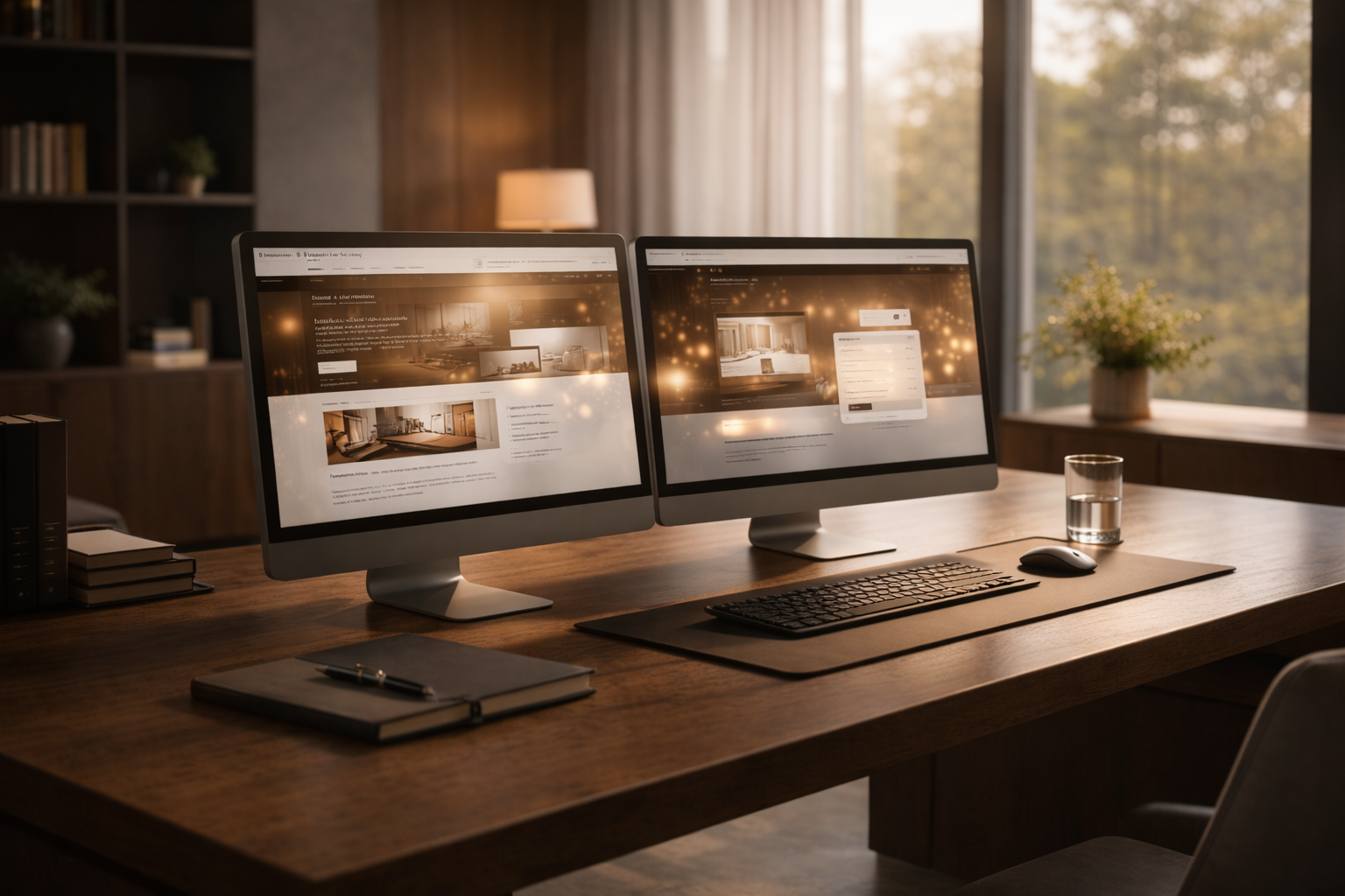 Espace de travail professionnel avec écrans affichant des interfaces web élégantes, illustrant l’alliance du design, de la technologie et de la cohérence digitale.