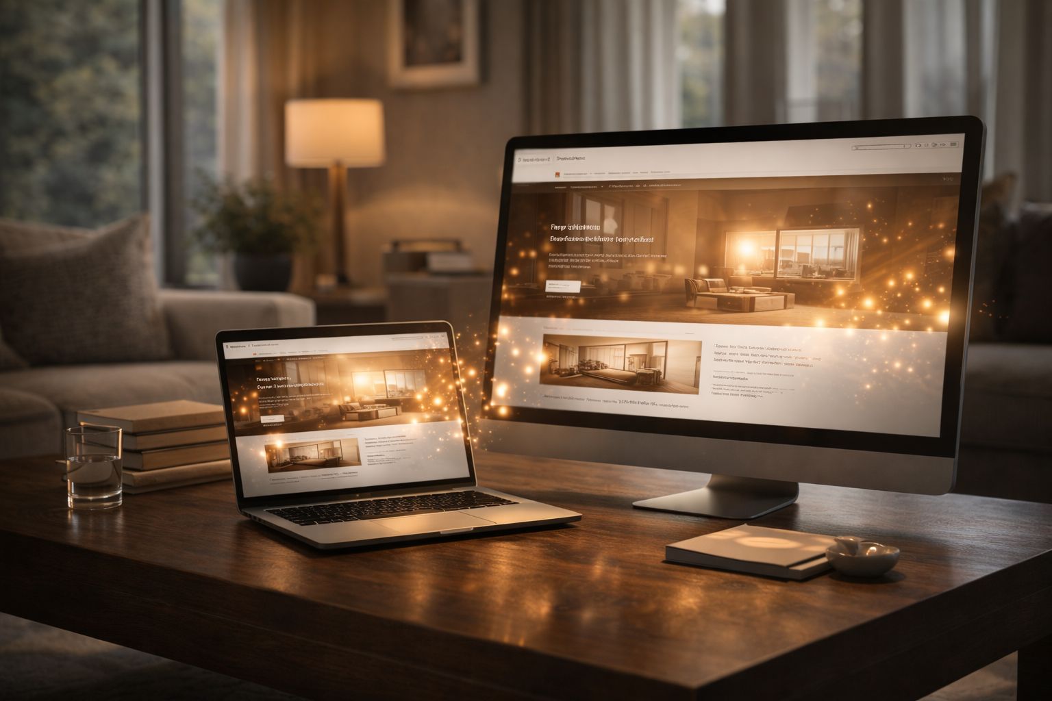 Salon contemporain haut de gamme avec écrans affichant un site internet, diffusant une lumière éthérée et subtile, évoquant un espace digital vivant et harmonisé.