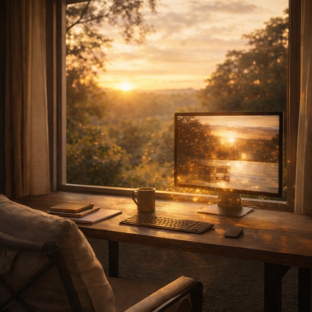 Espace de travail baigné de lumière naturelle, ouvert sur le paysage, symbolisant une démarche web née de l’écoute, de l’expérience et du vivant.