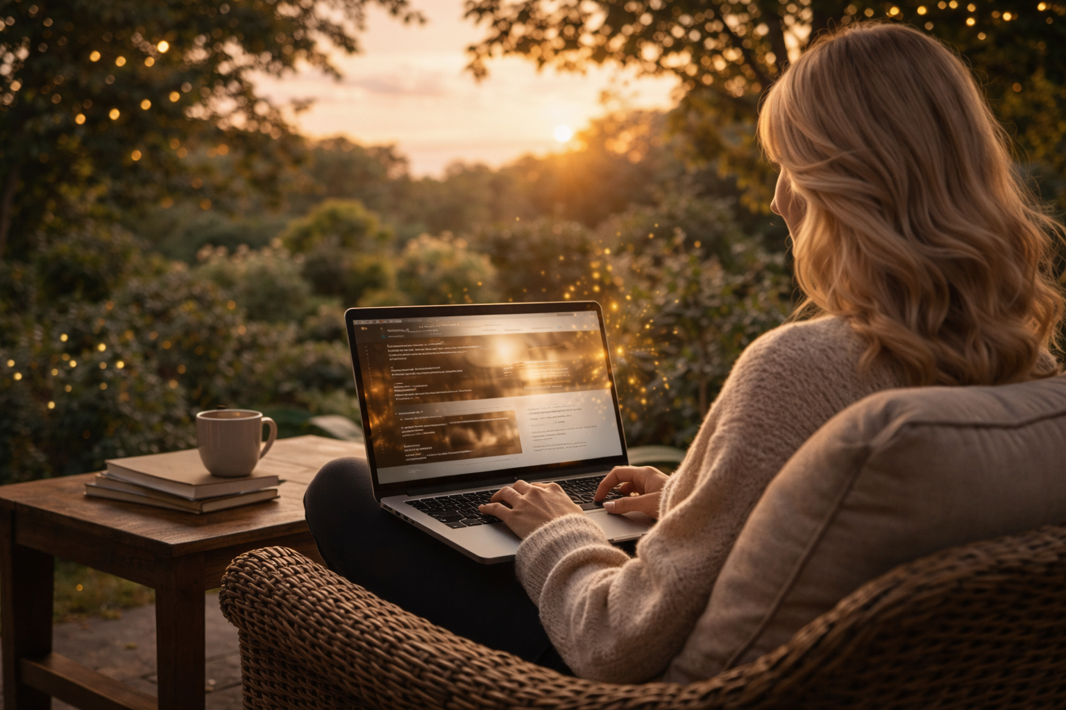 Femme travaillant sur un ordinateur portable dans un jardin au coucher du soleil, illustrant un site internet harmonisé, intégré naturellement à un environnement de vie apaisant.