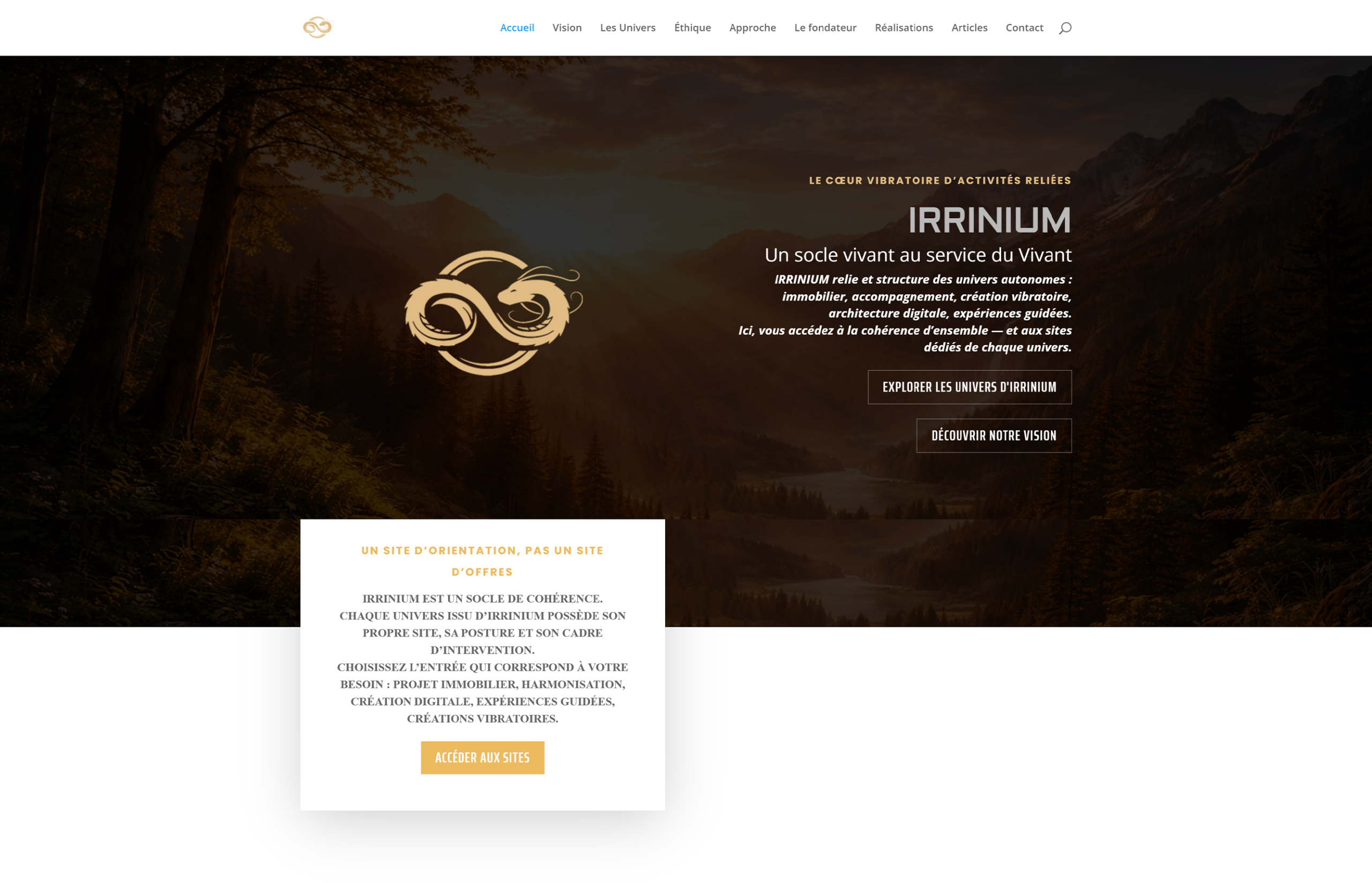 Page d’accueil du site Irrinium avec symbole doré de l’infini et paysage au coucher de soleil