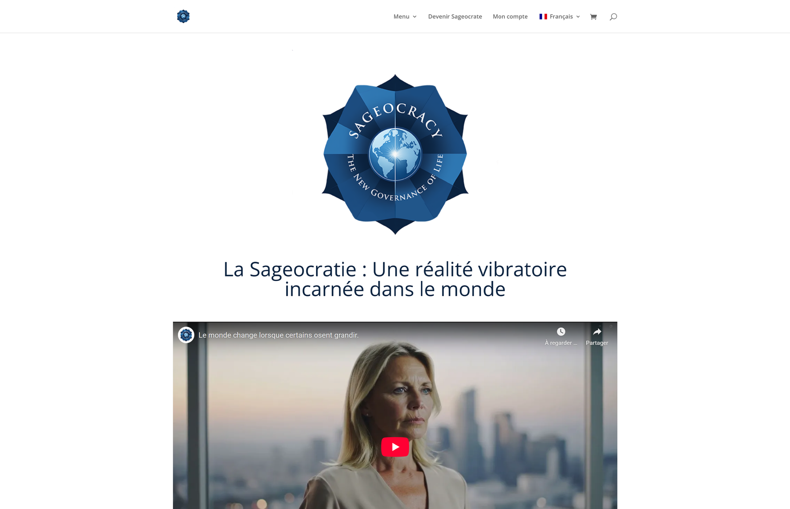 Page d’accueil de Sageocracy.org avec le logo bleu et la mention « The New Governance of Life »