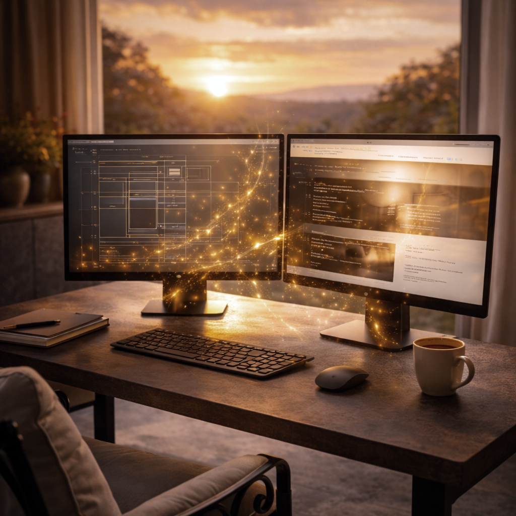 Poste de travail haut de gamme avec écrans affichant un site web structuré, reliés par une lumière dorée subtile, illustrant l’équilibre entre design, technologie et harmonie.