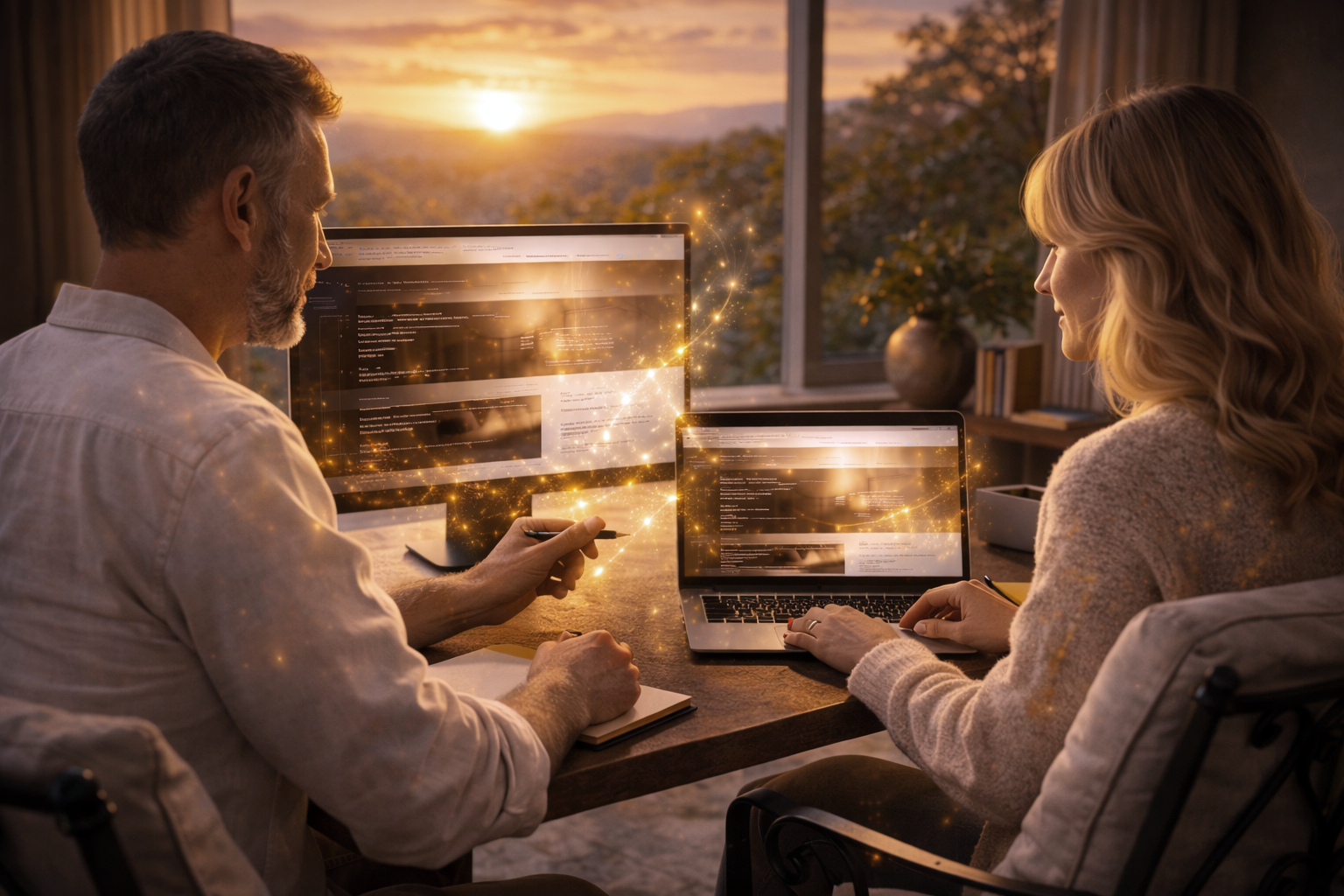 Collaboration autour de la conception d’un site internet, réunissant design, technologie et harmonie dans un environnement baigné de lumière dorée.