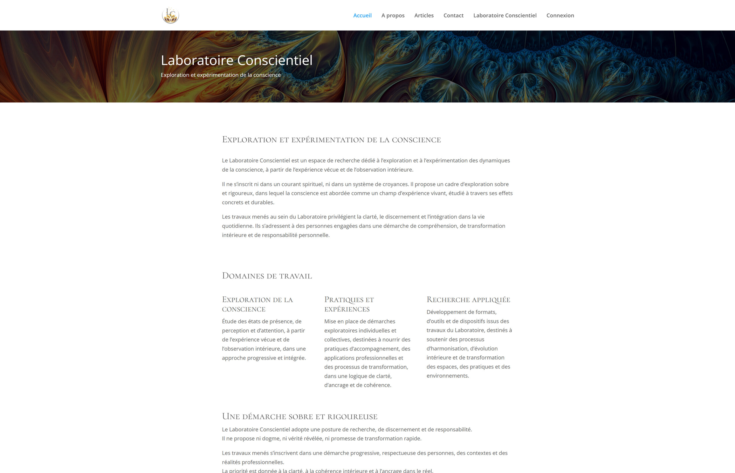 Page du Laboratoire Conscientiel présentant un texte d’introduction sur l’exploration de la conscience
