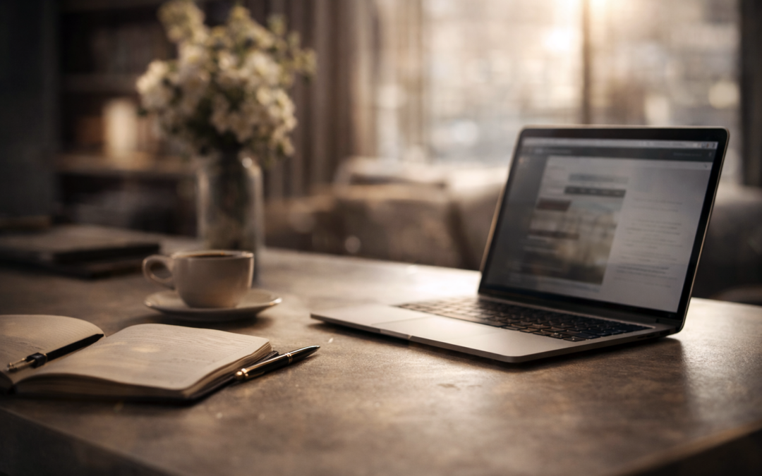 Bureau haut de gamme avec ordinateur portable, carnet et café dans une lumière naturelle chaleureuse