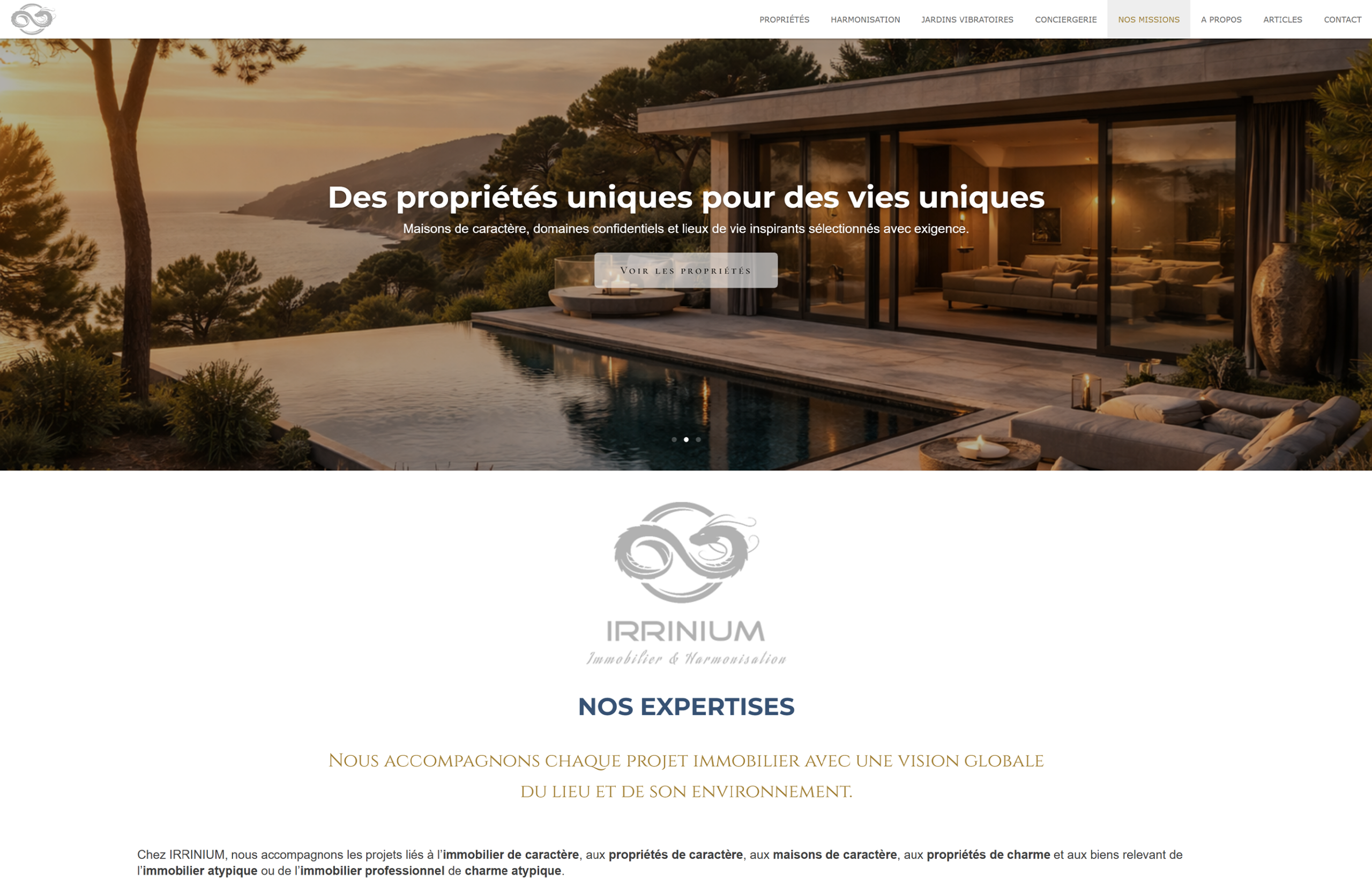 Page d’accueil du site immobilier Irrinium montrant une vue sur la mer et un espace de vie harmonisé